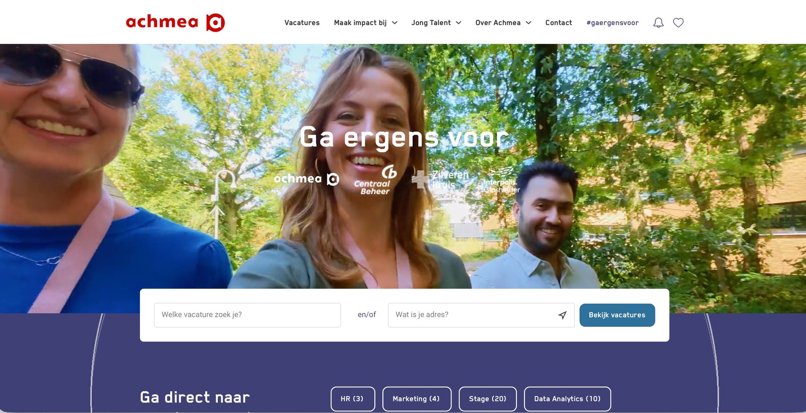De vernieuwde Werken bij Achmea-website met de campagne 'Ga ergens voor' en een vacaturezoeker