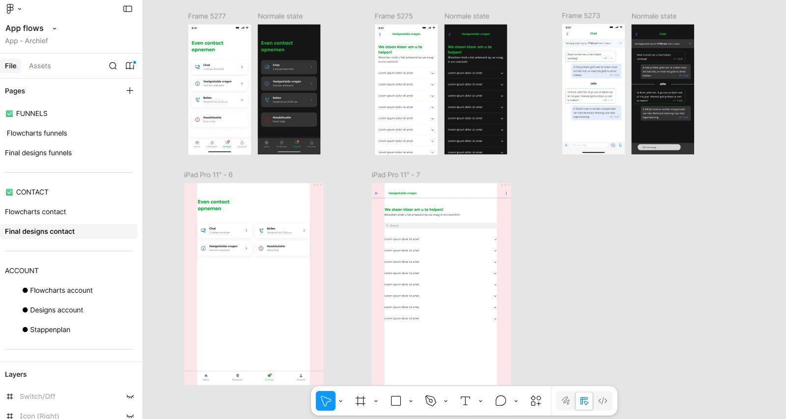 De opgeleverde Figma-file met app flows, funnels, contact- en accountschermen, inclusief normale en dark mode states