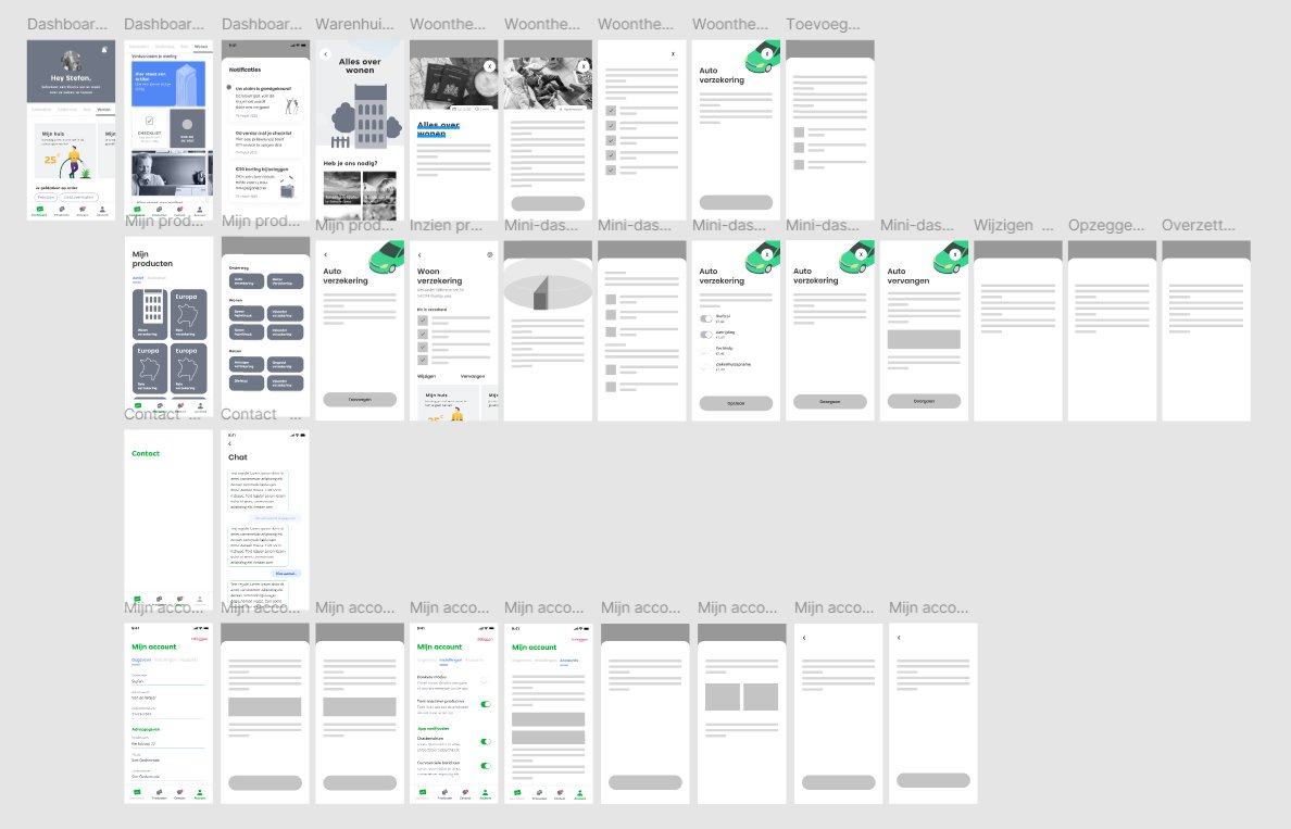 Een overzicht van talloze schermontwerpen van de Centraal Beheer app naast elkaar