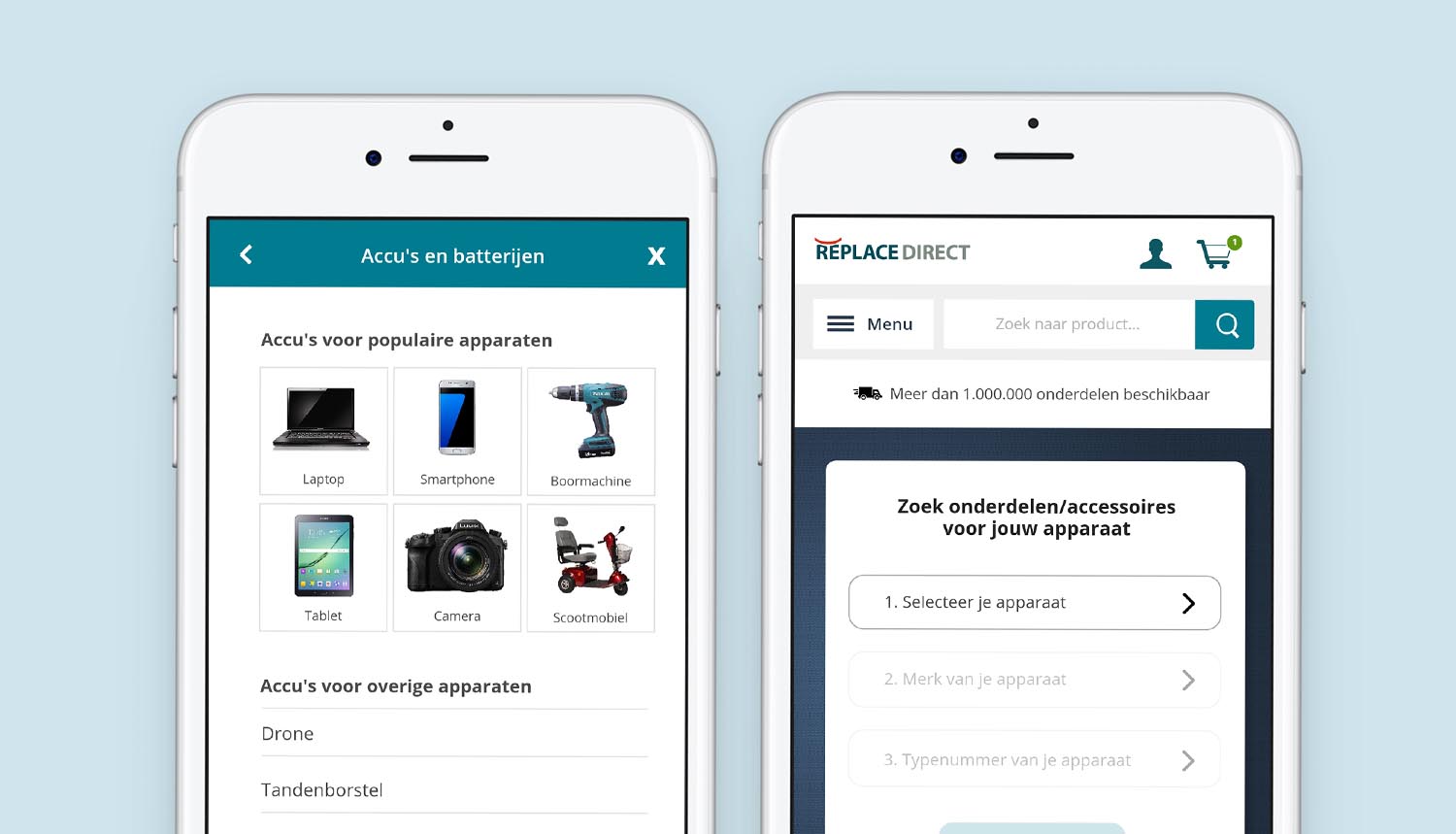Verschillende schermen van het ReplaceDirect-redesign in perspectief